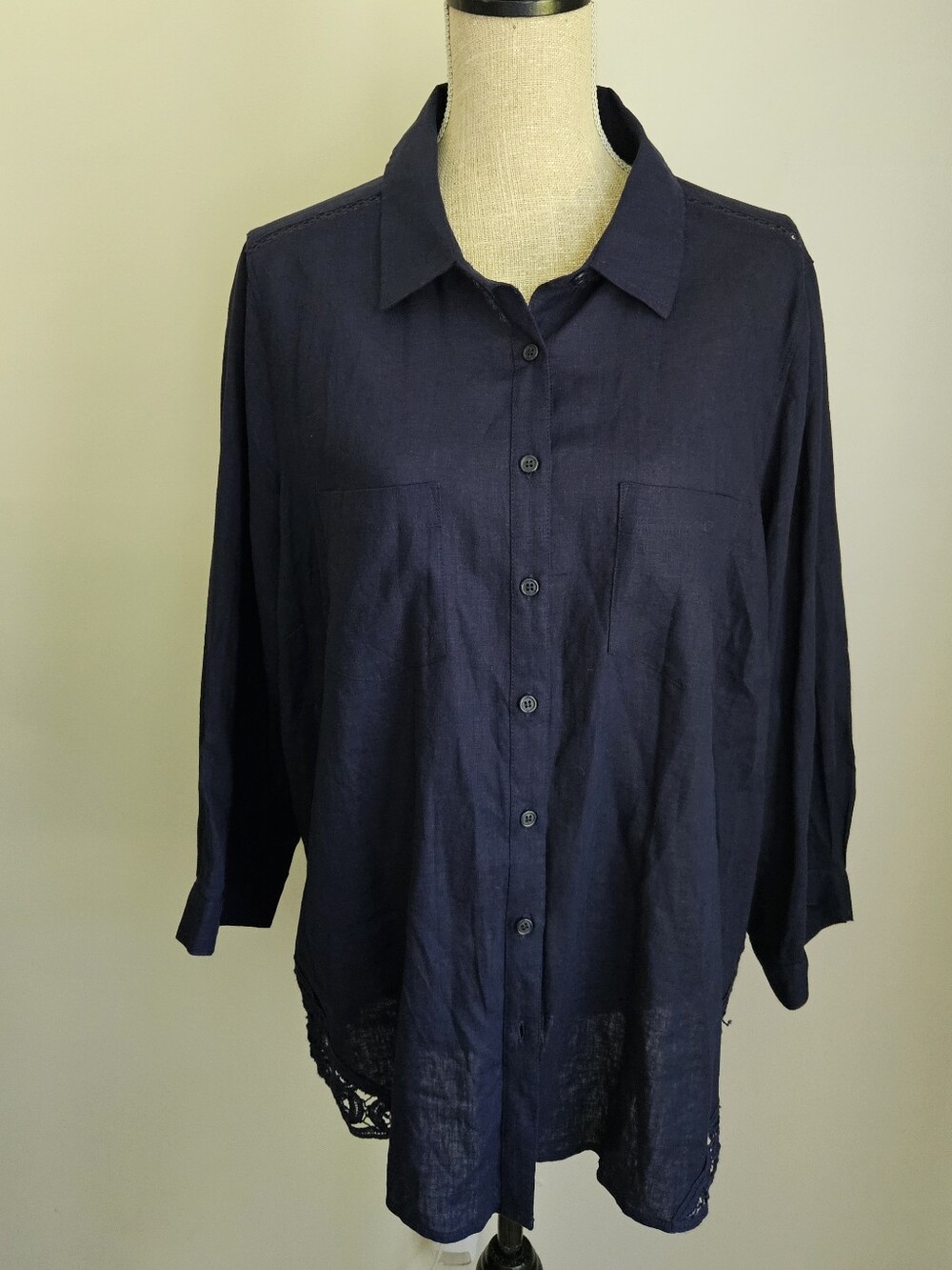 Linen Blend Women's Navy Button-Down Shirt with Crochet Hem